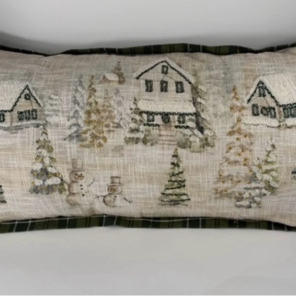 Rachel Ashwell Snowy Village Scene Green Plaid Trim Decorative Pillow  Charming